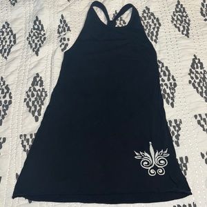 Black tank top, white embroidery on front and back, small